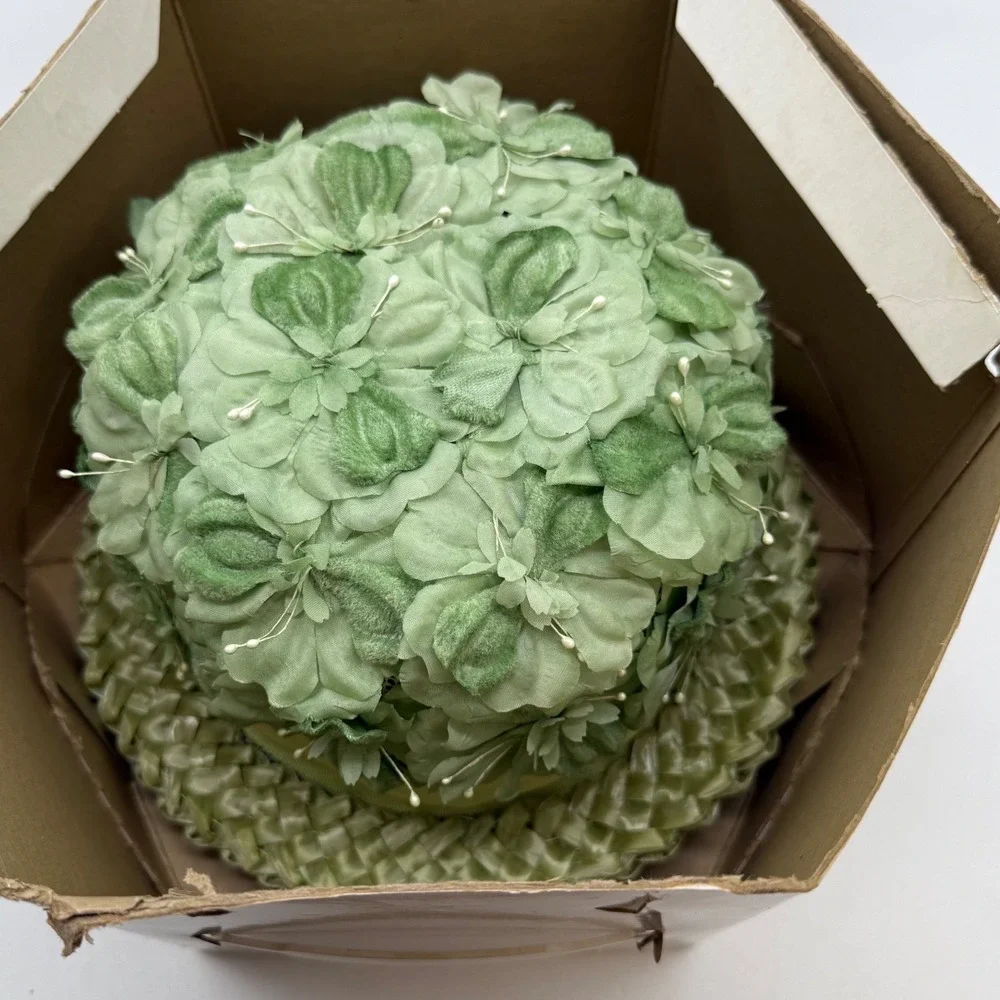 VTG Wilk's Green Floral Straw Pillbox Hat Original Box Mid Century union 50s 60s